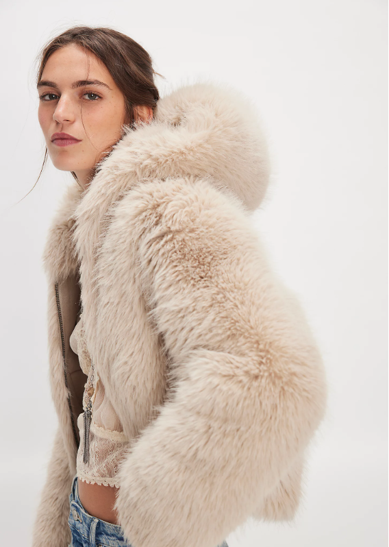 Free People - Louder Please Hooded Faux Fur Jacket - Almond Flour